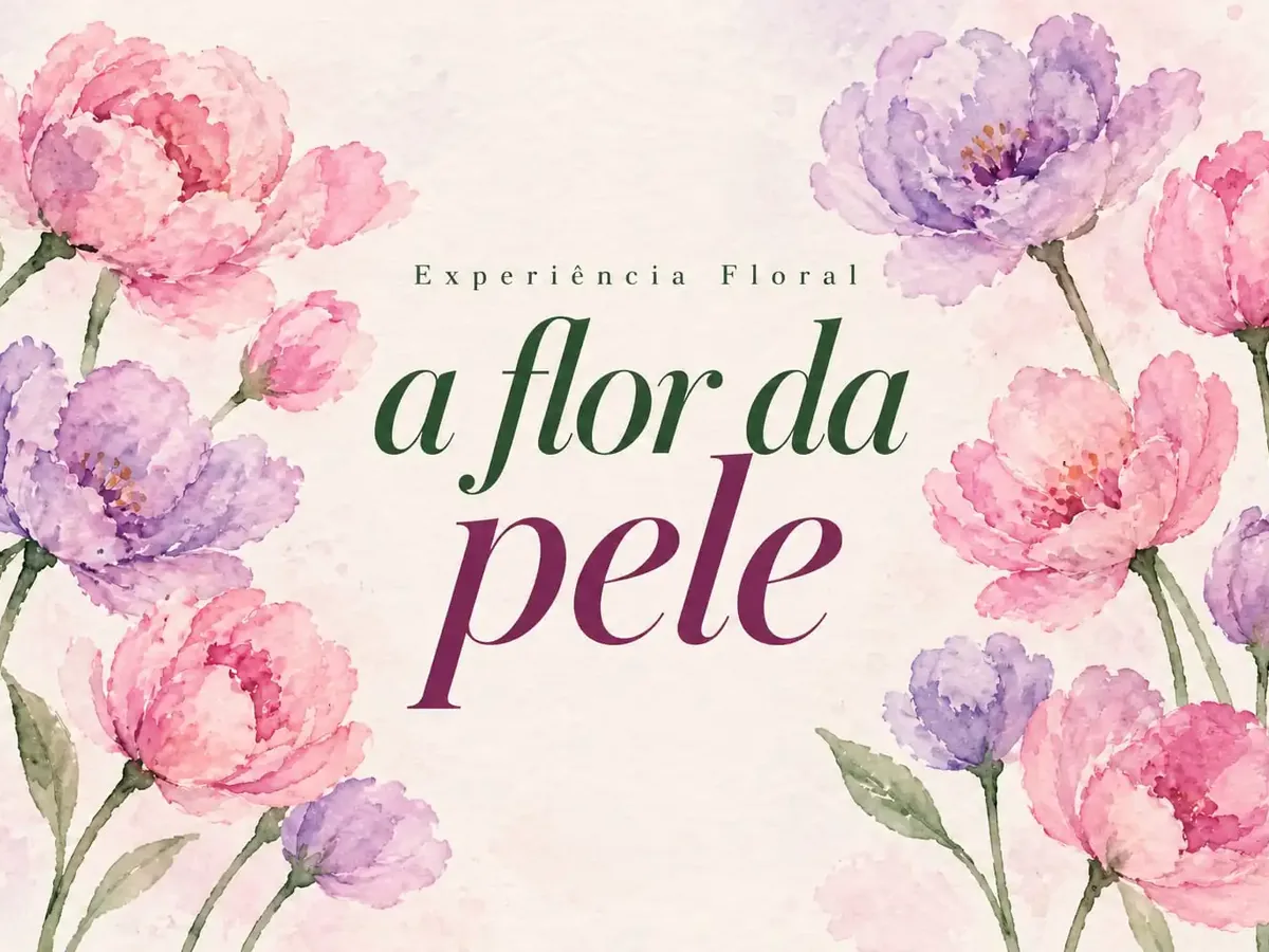 Arte da Experiência Floral A Flor da Pele: título ao centro, cercado por peônias rosas e lilases em aquarela