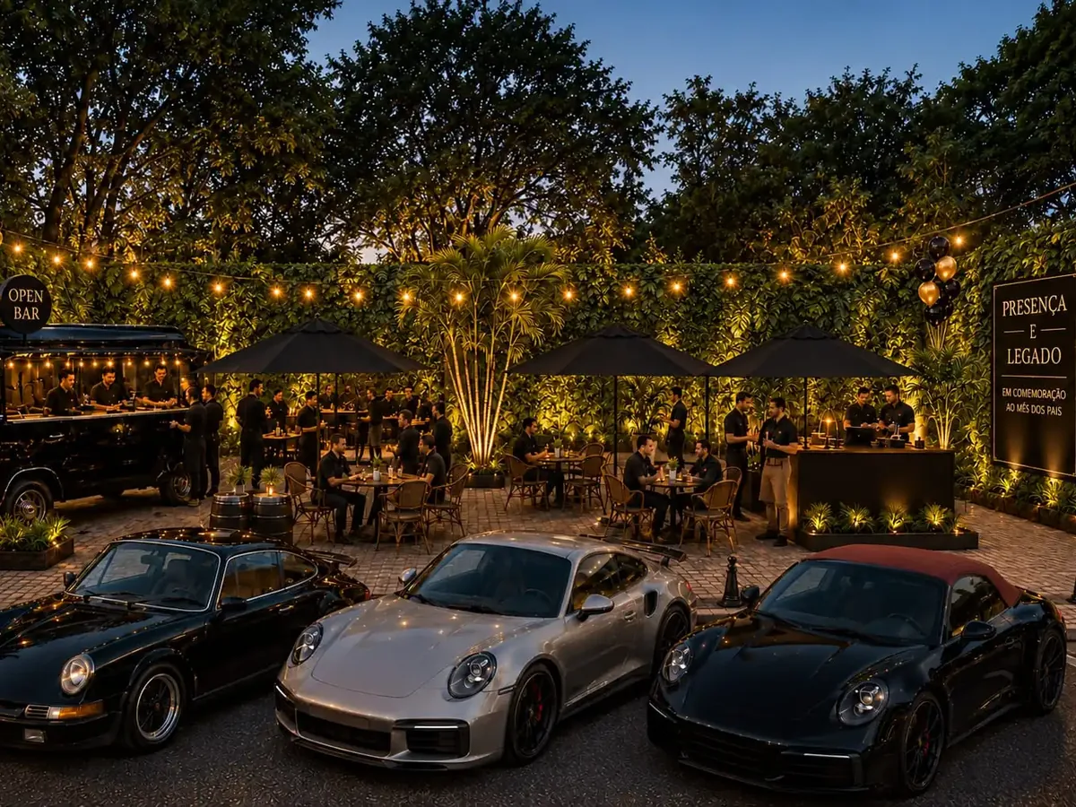 Experiência Presença & Legado ao anoitecer: food truck de open bar, mesas sob guarda-sóis pretos entre luzes e folhagens, placa do evento e três carros esportivos em primeiro plano